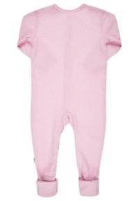 Růžový bavlněný body s krátkým rukávem, žebrovaná textura, patentky ve spodní části a ohrnuté manžety. Jednoduchý a funkční design.