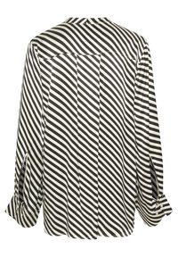 Zwart-wit gestreepte blouse met een relaxte pasvorm, lange mouwen, plooidetail op de rug en open zijsplitten bij de manchetten. Lichte stof.