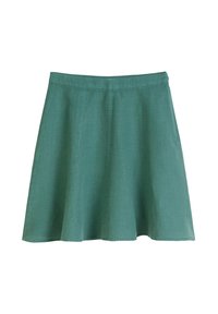 Groene linnen rok met een uitlopende vorm, voorzien van een tailleband en eenvoudige naden. De stof heeft een gladde textuur en een lichte glans.