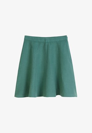 Groene linnen rok met een uitlopende vorm, voorzien van een tailleband en eenvoudige naden. De stof heeft een gladde textuur en een lichte glans.