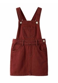 Robe salopette en denim rouge foncé de taille enfant, avec une poche poitrine à l'avant, deux poches latérales, des passants de ceinture et des bretelles réglables avec des boutons en métal.