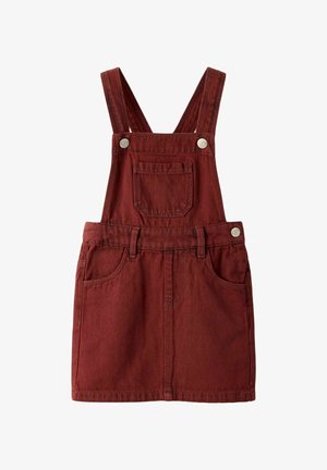 Džins haljina u tamnocrvenoj boji, veličine za djecu, sa prednjim džepom na grudima, dva bočna džepa, petljama za remen i podesivim naramenicama s metalnim gumbima.