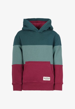 Hættebluse med farveblokke i teal, grøn og burgunder. Har en frontlomme samt ribbede manchetter og kant. Blødt bomuldsstof.