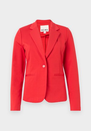 Rode blazer met een gestructureerd ontwerp, enkele knoopsluiting, twee voorkwabben en een gladde stoftextuur. Label zichtbaar binnen de kraag.
