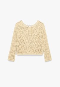 Top corto all'uncinetto color beige chiaro, con un ampio collo rotondo e maniche a tre quarti, caratterizzato da un motivo aperto a maglia testurizzato.