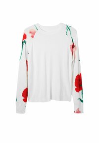 Witte trui met lange mouwen, versierd met kleurrijke bloemenpatronen in rood en groen op de mouwen, met een geribbelde halslijn en manchetten.