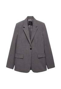 Gray pinstriped blazer with a single black button, notch lapels, two front pockets, and a smooth inner lining.