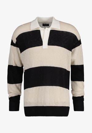 Langärmliges Strick-Rugbyshirt mit breiten horizontalen schwarzen und beigen Streifen, weißem Kragen und zweiknopfiger Knopfleiste.