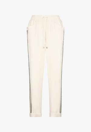 Kermansävyiset collegehousut, joissa on joustava vyötärönauha, kiristysnauha, sivutaskut ja mustat sivukoristeet. Sileä kangas ja resorit lahkeensuissa.