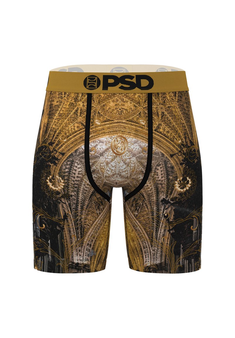 Boxer da uomo dorati e neri con un design architettonico ornato, caratterizzati da una fascia elastica nera con il logo PSD e dettagli testurizzati.