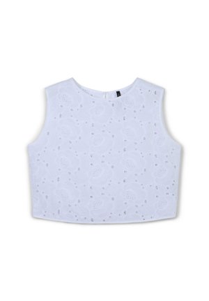 Haut court blanc en tissu brodé avec un motif floral et des découpes. Encolure ronde et sans manches. Fermeture éclair dans le dos.