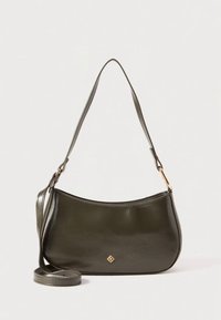 Olive green leather handbag with a curved shape, slim strap, and gold-tone hardware. Smooth texture with a minimalist logo detail.