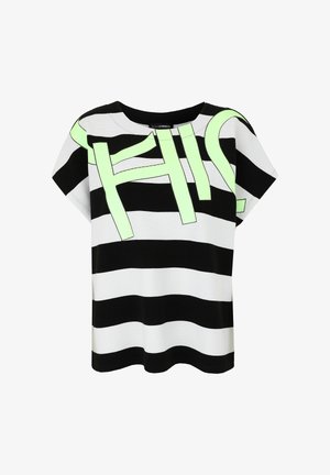 Black and white striped t-shirt with loose fit. Features large, neon green graphic text across the front. Soft fabric with short sleeves.