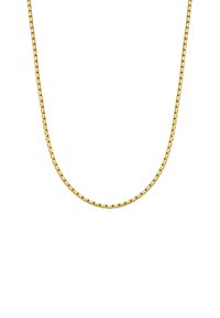 Zlati nakit z gladkim, ravnim oblikovanjem verige z vdanimi povezavami in visokim sijajem, suspendiran v ukrivljeni obliki.