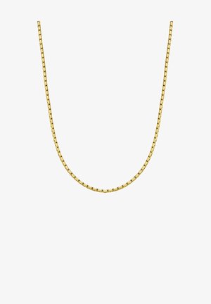 Arany nyaklánc sima, lapos láncformával, összekapcsolódó szemekkel és fényes felülettel, íves alakban felfüggesztve.