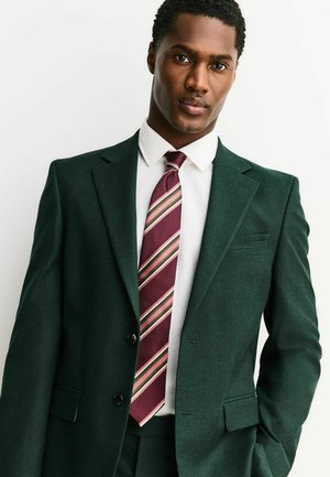 Mies, jolla on päällään tummanvihreä puku, valkoinen pukupaita ja viininpunaraidallinen solmio, seisoo yksinkertaista valkoista taustaa vasten.