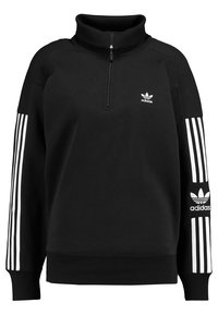 Svart zip-up sweatshirt med hög krage, tre vita ränder på varje ärm och en liten vit Adidas-logotyp på bröstet.