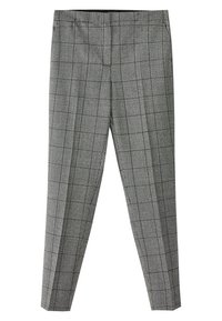Pantalon à carreaux gris avec une coupe droite, présentant des lignes verticales et horizontales, et une texture lisse. Taille élastique incluse.