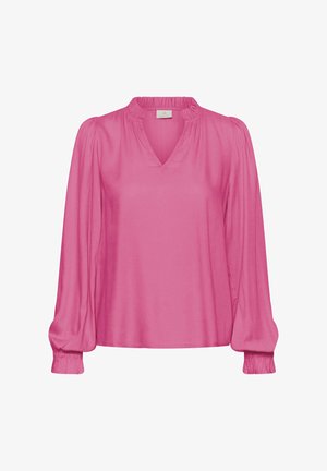 Ružová blúzka s dlhými rukávmi, výstrihom do V, nariaseným golierom a elastickými manžetami. Vyrobená z hladkej, ľahkej látky.