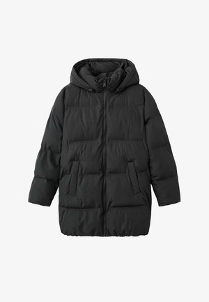 Sort puffer-jakke med hætte, lynlås foran, to sidelommer og et quiltet design. Materialet ser blødt og isoleret ud for at holde varmen.