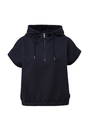 Marineblauwe korte mouw hoodie met ritssluiting aan de voorkant, trekkoorden en elastische tailleband, weergegeven tegen een witte achtergrond.