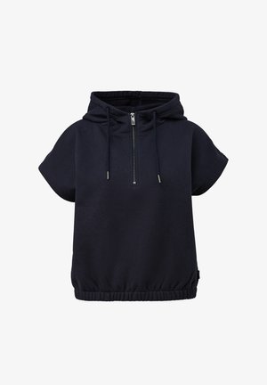 Marineblauwe korte mouw hoodie met ritssluiting aan de voorkant, trekkoorden en elastische tailleband, weergegeven tegen een witte achtergrond.