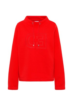 Czerwona bluza z wysokim kołnierzem, regulowanym sznurkiem i logo z przodu. Wykonana z miękkiego materiału z prążkowanymi mankietami i obrębem.