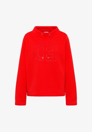 Czerwona bluza z wysokim kołnierzem, regulowanym sznurkiem i logo z przodu. Wykonana z miękkiego materiału z prążkowanymi mankietami i obrębem.