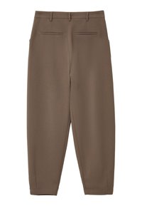 Brown, tailored trousers with a smooth texture, featuring two back pockets, a slim tapered leg, and a flat front design.