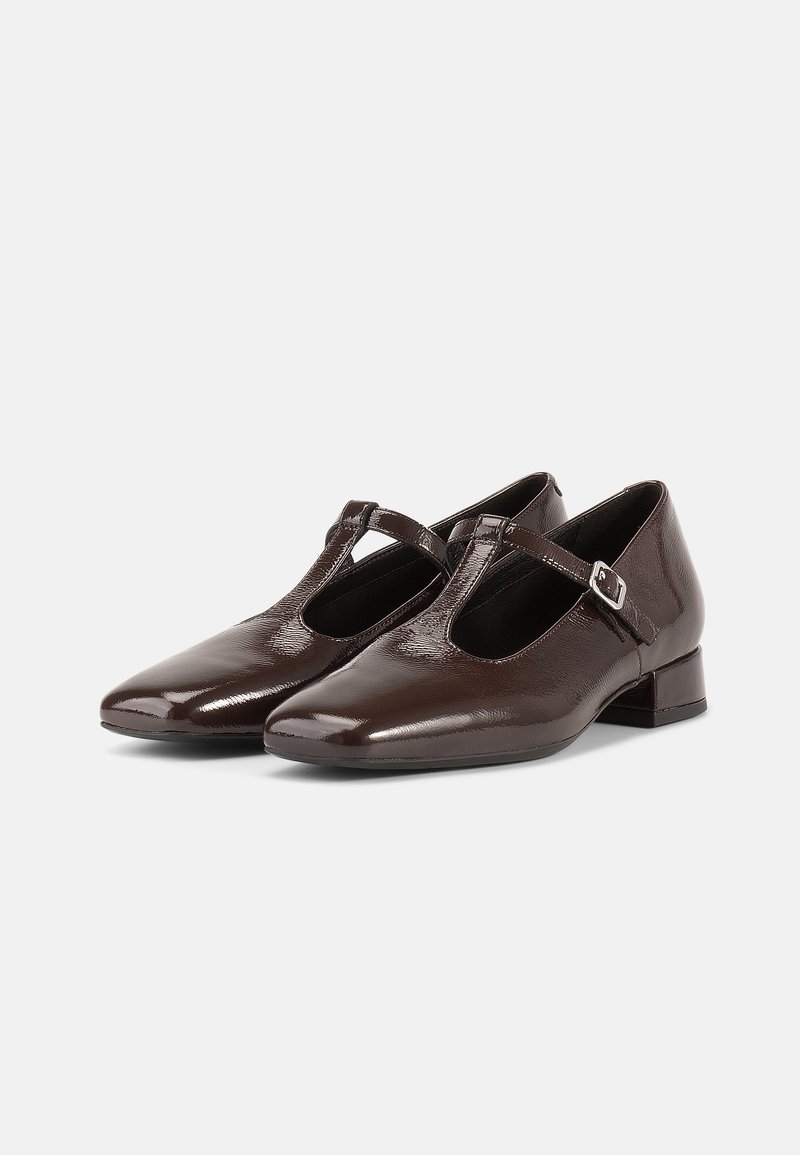Brown patent leather Mary Jane shoes with a low block heel, pointed toe, and adjustable buckle strap across the mid-foot.