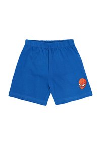 Blue elastic waist shorts with a small Spider-Man mask graphic on the lower right leg.