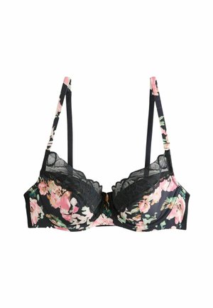 Soutien-gorge à motif floral avec bordure en dentelle noire et bretelles réglables sur fond blanc.