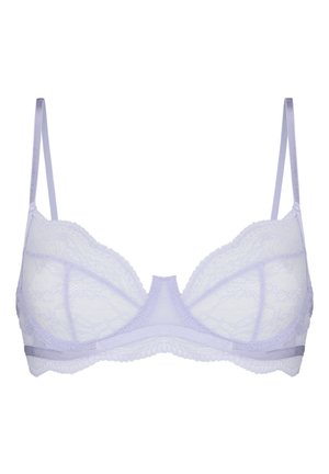 Hellvioletter Spitzen-BH mit dünnen, verstellbaren Trägern, Bügelunterstützung und gewellten Spitzenrändern entlang der Cups und des Bands.