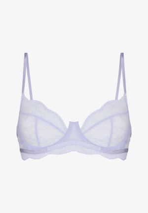 Hellvioletter Spitzen-BH mit dünnen, verstellbaren Trägern, Bügelunterstützung und gewellten Spitzenrändern entlang der Cups und des Bands.
