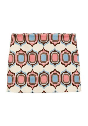 Patterned mini skirt in cream, featuring geometric shapes in pink, blue, and brown. Smooth fabric with a fitted design and straight hem.