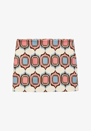 Patterned mini skirt in cream, featuring geometric shapes in pink, blue, and brown. Smooth fabric with a fitted design and straight hem.