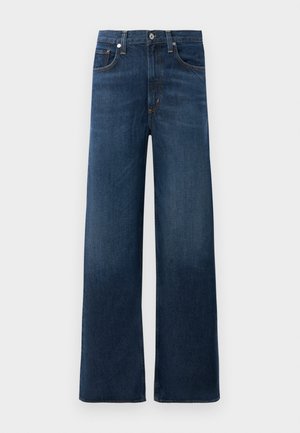 Dark blue wide-leg denim jeans with front button closure, belt loops, and five pockets, shown flat on a white background.
