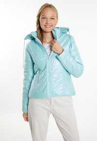 Giacca imbottita trapuntata di colore azzurro chiaro, con cappuccio, zip frontale e due tasche laterali. Realizzata in materiale lucido con una texture liscia.