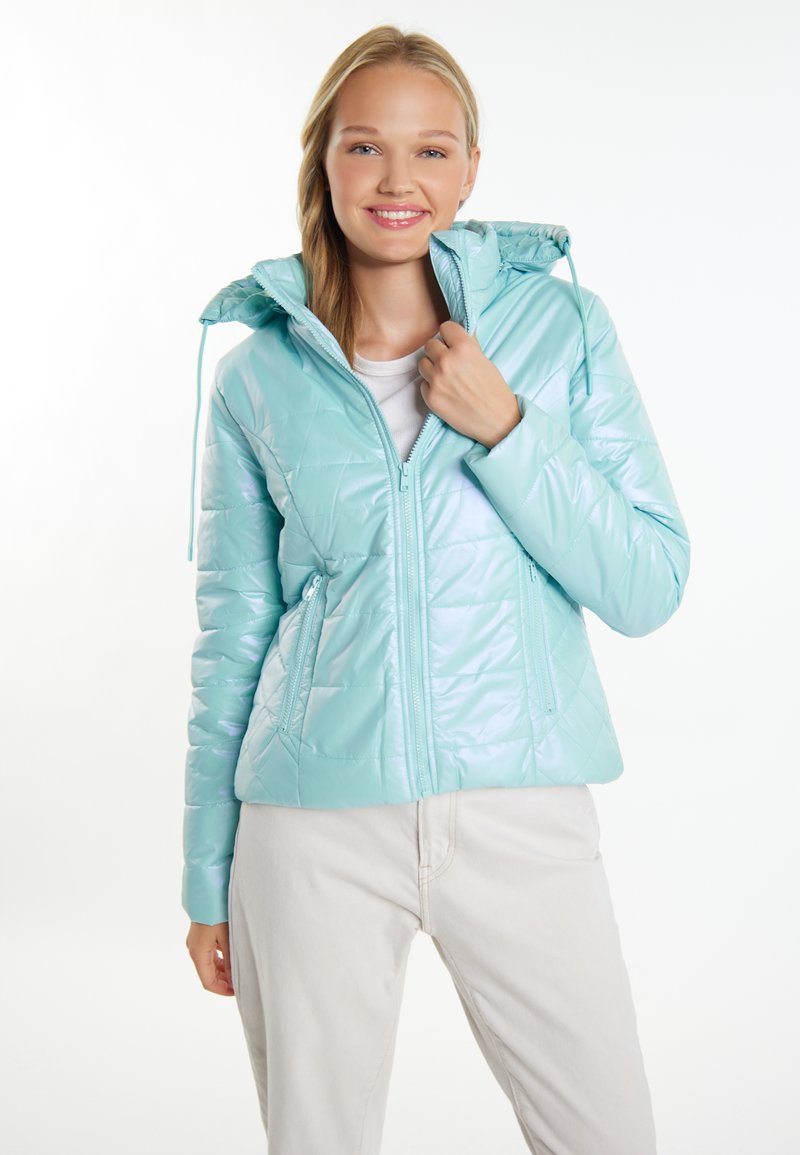Giacca imbottita trapuntata di colore azzurro chiaro, con cappuccio, zip frontale e due tasche laterali. Realizzata in materiale lucido con una texture liscia.