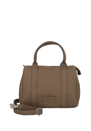 Braune Lederhandtasche mit doppelten oberen Griffen und abnehmbarem Schulterriemen, rechteckige Form mit minimalen Nahtdetails.