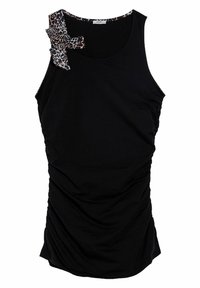 Zwarte tanktop met geplooide textuur, voorzien van een luipaardprintaccent en een strik op de linker schouder. Gladde stof, mouwloos ontwerp.