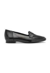 Zwarte leren loafers met een spitse neus, voorzien van een horizontale leren band over de wreef en een lage hak. Gladde textuur.
