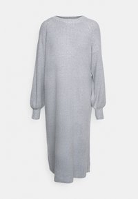 Pitkä harmaa neulemekko, jossa on ribbikudos, pyöreä pääntie ja puffihihat. Mekko tarjoaa väljän istuvuuden ja on nilkkapituiseksi muotoiltu.