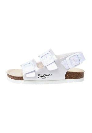 Hvid sandal med åben tå med tre justerbare spænder, korksål og "Pepe Jeans London" logo på siden.