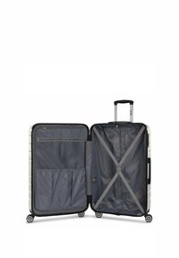 Hard-shell suitcase with a silver exterior, open to show a gray fabric interior, zippered pocket, and elastic cross-straps for secure packing.