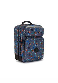 Marineblauer Rucksack mit bunten Gaming-Motiven, ausgestattet mit mehreren Reißverschlussfächern, einem oberen Griff und einem pelzigen Charm als Akzent.