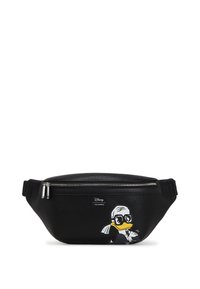 Marsupio finto cuoio nero con superficie texturizzata, caratterizzato da una grafica di un personaggio dei cartoni animati e una chiusura con zip. Include una tracolla regolabile.