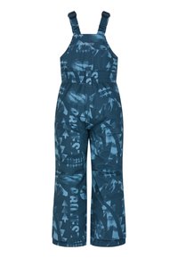 Salopette da neve impermeabile blu navy con spalline regolabili, vita elastica e motivi astratti di montagne e frecce in un blu più chiaro.