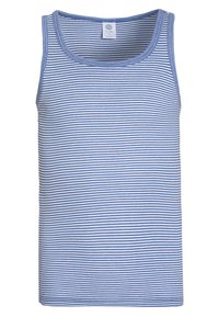 Stripete tanktop i lyseblå og hvit, laget av mykt materiale, med scoop-neck og uten ermer. Enkel, klassisk design.