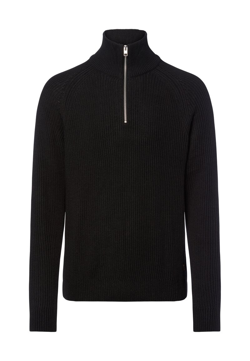 Sort ribbet strikket sweater med lange ærmer og en sølv halvnær krave, med en høj hals og lige kant.